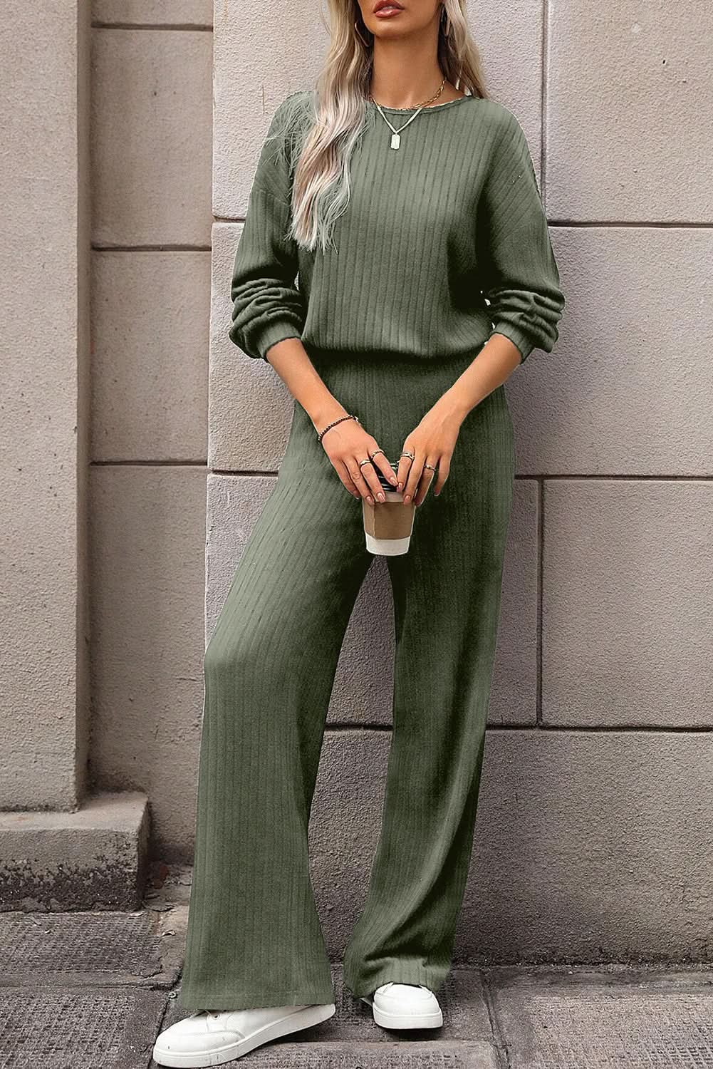 Laurel Green Solid Ribbed Knit Keyhole Back High Waist Jumpsuit - Love Salve